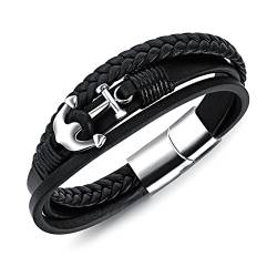 Ategazza Herren Armband Anker Leder Edelstahl Armbänder Dreireihig Schwarz GB503 von Ategazza