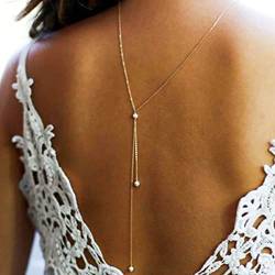 Atentuyi Braut-Rücken-Halskette, Silver-Perlen-Anhänger, Perlen-Hintergrund, lange Y-Halskette, Hochzeit, Lariat-Halskette, Bikini-Körperkette, Boho-Körperschmuck für Frauen und Mädchen von Atentuyi