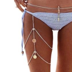 Atentuyi Geschichtet Münze Bein Kette Gold Oberschenkel Kette Quaste Oberschenkel Bein Kette Elastischen Gurt Bikini Boho Körper Kette Sommer Strand Scheibe Beinschmuck Für Frauen Und Mädchen von Atentuyi