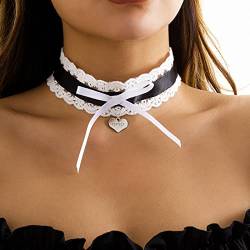 Atentuyi Schwarz & Weiß Spitze Choker Halskette Liebe Herz Anhänger Fliege Choker Vintage Gothic Tattoo Choker Netz Kragen Kette Halskette Schmuck Für Frauen Und Mädchen von Atentuyi