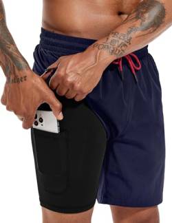 Atforna 2 in 1 Badeshorts Herren Kurz Badehose mit Kompression Liner Elastisch Schwimmhose Surfen Shorts Ohne Netz für Strand Schwimmbad Navy Blau S von Atforna