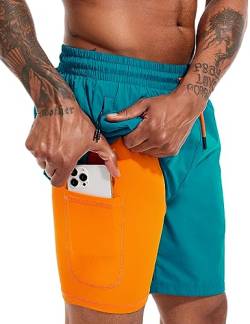 Atforna 2 in 1 Badeshorts Herren Kurz Badehose mit Kompression Liner Elastisch Schwimmhose Surfen Shorts Ohne Netz für Strand Schwimmbad Pfauenblau S von Atforna