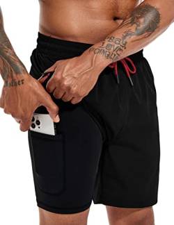 Atforna Badehose Herren Kurz 2 in 1 Board Shorts mit Kompression Reißverschlusstasche Badeshorts Kordelzug Strandshorts Badehosen für Herren Schwarz XL von Atforna