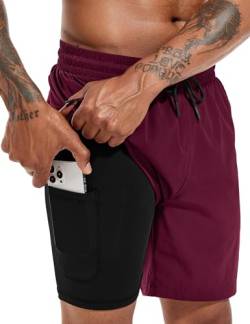 Atforna Badehose Herren Kurz 2 in 1 Board Shorts mit Kompression Reißverschlusstasche Badeshorts Kordelzug Strandshorts Badehosen für Herren Wein Rot XL von Atforna