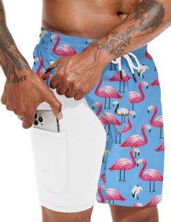 Atforna Badehose Herren Kurz Badeshorts 2 in 1 Board Shorts Schnelltrocknend Schwimmhose Männer Strand Surfen Strandhose mit Tasche Flamingo Blau L von Atforna