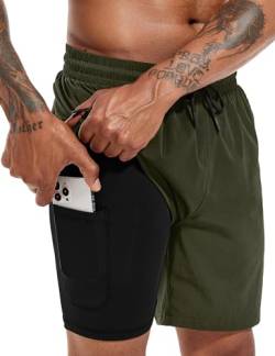 Atforna Badehose Herren Kurz Badeshorts mit Kompressionsliner 2 in 1 Board Shorts Schnelltrocknend Männer Strand Surfen Strandhose mit Reißverschlusstasche Armeegrün L von Atforna