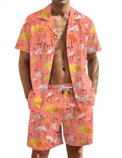Atforna Hawaii Hemd Männer Festival Hemd Herren 90er Jahre Outfit Kurzarm Sommer Freizeithemden Unisex Beach Shirt und Shorts Hawaiihemd 2 Teiler Set Rosa Flamingos XXL von Atforna