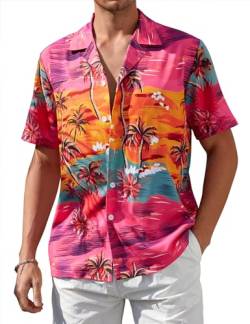 Atforna Hawaii Hemd Männer Freizeithemden Herren Kurzarm Sommerhemd Festival Kostüm Hawaiihemd Strand Party Hemden 80er Jahre Outfit Rosa Kokospalme XL von Atforna