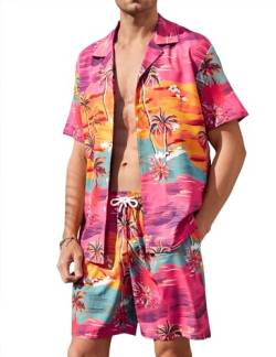 Atforna Hawaii Hemd Männer Freizeithemden Herren Urlaub Hemd Set Festival Kostüm Hawaiihemd Party Shirt und Shorts Strand Kurzarm Hemden 90er Jahre Outfit Rosa Kokospalme XL von Atforna