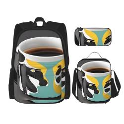 AthuAh Becher Kaffee Rucksack & Mädchen Jungen Rucksack mit Lunchtasche und Federmäppchen 3-teiliges Set für Wandern, Schule, Ausflug, Schwarz , Einheitsgröße von AthuAh