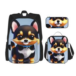 AthuAh Card Love Fancy Puppy Rucksack und Mädchen Jungen Rucksack mit Lunchtasche und Federmäppchen, 3-teiliges Set für Wandern, Schule, Ausflug, Schwarz , Einheitsgröße von AthuAh