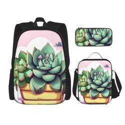 AthuAh Cartoon Sukkulenten Rucksack & Mädchen Jungen Rucksack mit Lunchtasche und Federmäppchen, 3-teiliges Set für Wandern, Schule, Ausflug, Schwarz , Einheitsgröße von AthuAh