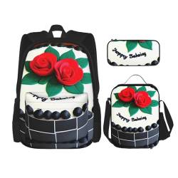 AthuAh Delicious Cakes Rucksack und Mädchen Jungen Rucksack mit Lunchtasche und Federmäppchen, 3-teiliges Set für Wandern, Schule, Ausflug, Schwarz , Einheitsgröße von AthuAh