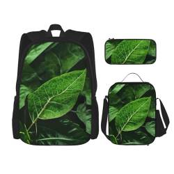 AthuAh Green Leaf Nature Rucksack & Mädchen Jungen Rucksack mit Lunchtasche und Federmäppchen, 3-teiliges Set für Wandern, Schule, Ausflug, Schwarz , Einheitsgröße von AthuAh