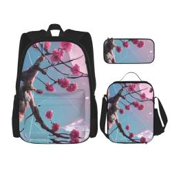 AthuAh Kleiner rosa Blumen Rucksack und Mädchen Jungen Rucksack mit Lunchtasche und Federmäppchen, 3-teiliges Set für Wandern, Schule, Ausflug, Schwarz , Einheitsgröße von AthuAh