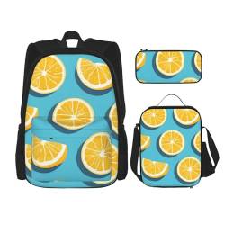 AthuAh Lemon Wedges Rucksack und Mädchen Jungen Rucksack mit Lunchtasche und Federmäppchen, 3-teiliges Set für Wandern, Schule, Ausflug, Schwarz , Einheitsgröße von AthuAh