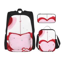 AthuAh Little Red Heart Rucksack und Mädchen Jungen Rucksack mit Lunchtasche und Federmäppchen, 3-teiliges Set für Wandern, Schule, Ausflug, Schwarz , Einheitsgröße von AthuAh