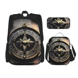 AthuAh Magical Design Rucksack mit nordischen Runen Kompass und Mädchen Jungen Rucksack mit Lunchtasche und Federmäppchen, 3-teiliges Set für Wandern, Schule, Ausflug, Schwarz , Einheitsgröße von AthuAh