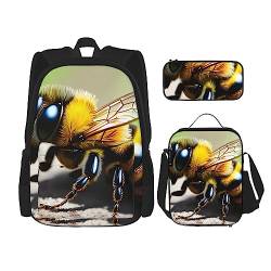 AthuAh Niedlicher Rucksack mit kleiner Biene, für Mädchen und Jungen, mit Lunchtasche und Federmäppchen, 3-teiliges Set für Wandern, Schule, Ausflug, Schwarz , Einheitsgröße von AthuAh