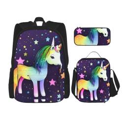 AthuAh One-Horse Star Rucksack und Mädchen Jungen Rucksack mit Lunchtasche und Federmäppchen, 3-teiliges Set für Wandern, Schule, Ausflug, Schwarz , Einheitsgröße von AthuAh