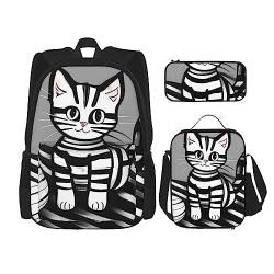 AthuAh Play Ball Kitty Rucksack und Mädchen Jungen Rucksack mit Lunchtasche und Federmäppchen, 3-teiliges Set für Wandern, Schule, Ausflug, Schwarz , Einheitsgröße von AthuAh