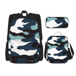 AthuAh Rucksack mit Marine-Camouflage-Muster, für Mädchen und Jungen, mit Lunchtasche und Federmäppchen, 3-teiliges Set für Wandern, Schule, Ausflug, Schwarz , Einheitsgröße von AthuAh