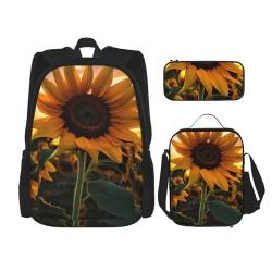 AthuAh Rucksack mit Sonnenblumen-Motiv, für Mädchen und Jungen, mit Lunchtasche und Federmäppchen, 3-teiliges Set für Wandern, Schule, Ausflug, Schwarz , Einheitsgröße von AthuAh
