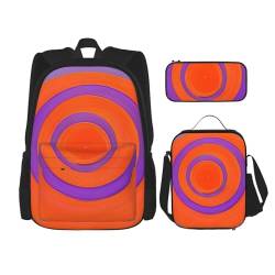 AthuAh Rucksack mit orangefarbenem Kreis in der Mitte, für Mädchen und Jungen, mit Lunchtasche und Federmäppchen, 3-teiliges Set für Wandern, Schule, Ausflug, Schwarz , Einheitsgröße von AthuAh