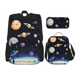 AthuAh Saturn Jupiter Earth Rucksack & Mädchen Jungen Rucksack mit Lunchtasche und Federmäppchen, 3-teiliges Set für Wandern, Schule, Ausflug, Schwarz , Einheitsgröße von AthuAh