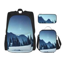 AthuAh Snowy Forest Rucksack und Mädchen Jungen Rucksack mit Lunchtasche und Federmäppchen, 3-teiliges Set für Wandern, Schule, Ausflug, Schwarz , Einheitsgröße von AthuAh