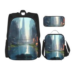 AthuAh The City On The Water Rucksack und Mädchen Jungen Rucksack mit Lunchtasche und Federmäppchen, 3-teiliges Set für Wandern, Schule, Ausflug, Schwarz , Einheitsgröße von AthuAh