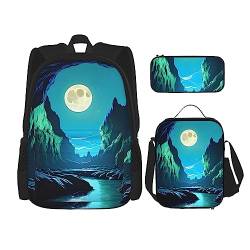 AthuAh Water Moon Cave Rucksack und Mädchen Jungen Rucksack mit Lunchtasche und Federmäppchen, 3-teiliges Set für Wandern, Schule, Ausflug, Schwarz , Einheitsgröße von AthuAh