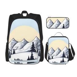 AthuAh White Snowy Mountains Rucksack & Mädchen Jungen Rucksack mit Lunchtasche und Federmäppchen, 3-teiliges Set für Wandern, Schule, Ausflug, Schwarz , Einheitsgröße von AthuAh