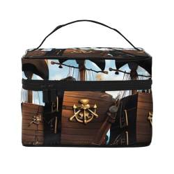 Cartoon-Piratenschiff-Reise-Kosmetiktasche mit Reißverschluss, großes Fassungsvermögen, Unisex, geeignet für Outdoor, Sport, Reisen usw., Schwarz , Einheitsgröße von AthuAh