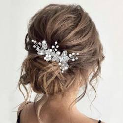 Vakkery Braut Hochzeit Haarkamm Silber Blume Braut Kopfschmuck Kristall Haarklammer Perlen Haarschmuck für Damen und Mädchen von Atigy