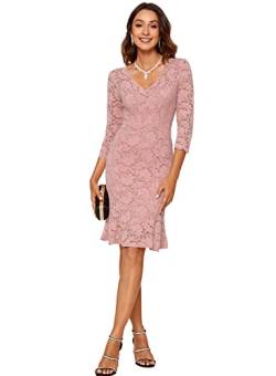 Atnlewhi Damen 3/4 Ärmel Kleid V-Ausschnitt Formeller Abend Bodycon Knielang Vintage Spitzenkleid Elegante Cocktailkleider - Rosa - L von Atnlewhi