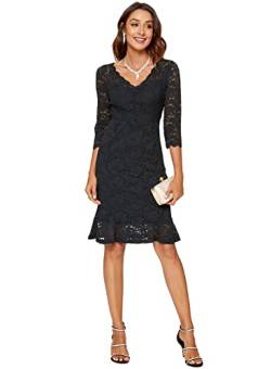 Atnlewhi Damen 3/4 Ärmel Kleid V-Ausschnitt Formeller Abend Bodycon Knielang Vintage Spitzenkleid Elegante Cocktailkleider - Schwarz - M von Atnlewhi