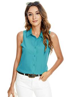 Atnlewhi Damen Ärmellos Knöpfen Hemden Bluse Basic Kragen Arbeit Büro Stretch Formelle Casual Blusen - See Blau - L von Atnlewhi