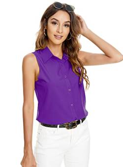 Atnlewhi Damen Ärmellos Knöpfen Hemden Bluse Basic Kragen Arbeit Büro Stretch Formelle Casual Blusen - Violett - L von Atnlewhi