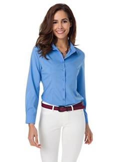 Atnlewhi Damen Bluse Hemd Basic Kent-Kragen Langarm Stretch Leisure Formelle Casual Business Arbeit Elegant Hemden (as3, Alpha, xx_l, Regular, Regular, Blau) von Atnlewhi