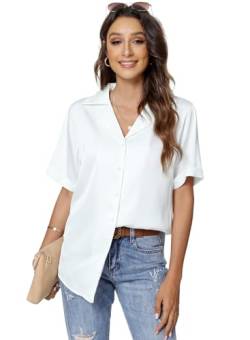 Atnlewhi Damen Bluse Kurzarm Button Down Satin Seide Shirts Casual Business Formelle Sommer Casual Blusen - Weiß - L von Atnlewhi