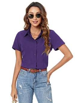 Atnlewhi Damen Bluse Kurzarm Knöpfen Hemden Basic Kent Kragen Arbeit Büro Stretch Slim Fit Formelle Casual Blusen - Dunkelviolett - XL von Atnlewhi