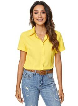 Atnlewhi Damen Bluse Kurzarm Knöpfen Hemden Basic Kent Kragen Arbeit Büro Stretch Slim Fit Formelle Casual Blusen - Gelb - L von Atnlewhi