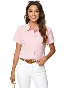 Atnlewhi Damen Bluse Kurzarm Knöpfen Hemden Basic Kent Kragen Arbeit Büro Stretch Slim Fit Formelle Casual Blusen - Rosa - L von Atnlewhi