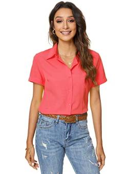 Atnlewhi Damen Bluse Kurzarm Knöpfen Hemden Basic Kent Kragen Arbeit Büro Stretch Slim Fit Formelle Casual Blusen - Wassermelone Rot - S von Atnlewhi