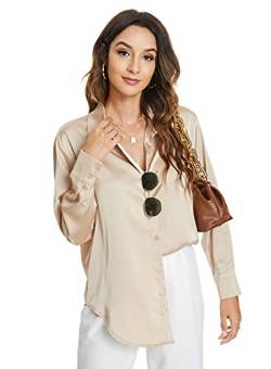 Atnlewhi Damen Bluse Langarm Knöpfen Satin Seide Hemden Basic Kent Kragen Arbeit Büro Formelle Casual Blusen Shirt - Aprikose - M von Atnlewhi