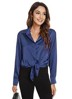 Atnlewhi Damen Bluse Langarm Knöpfen Satin Seide Hemden Basic Kent Kragen Arbeit Büro Formelle Casual Blusen Shirt - Dunkelblau - M von Atnlewhi