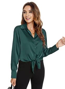 Atnlewhi Damen Bluse Langarm Knöpfen Satin Seide Hemden Basic Kent Kragen Arbeit Büro Formelle Casual Blusen Shirt - Dunkelgrün - L von Atnlewhi