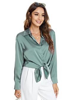 Atnlewhi Damen Bluse Langarm Knöpfen Satin Seide Hemden Basic Kent Kragen Arbeit Büro Formelle Casual Blusen Shirt - Grau Grün - M von Atnlewhi