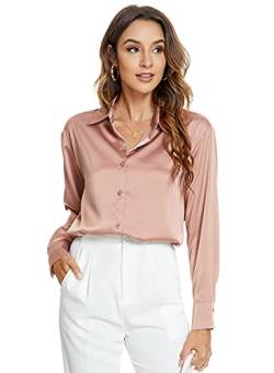 Atnlewhi Damen Bluse Langarm Knöpfen Satin Seide Hemden Basic Kent Kragen Arbeit Büro Formelle Casual Blusen Shirt - Rosa - L von Atnlewhi